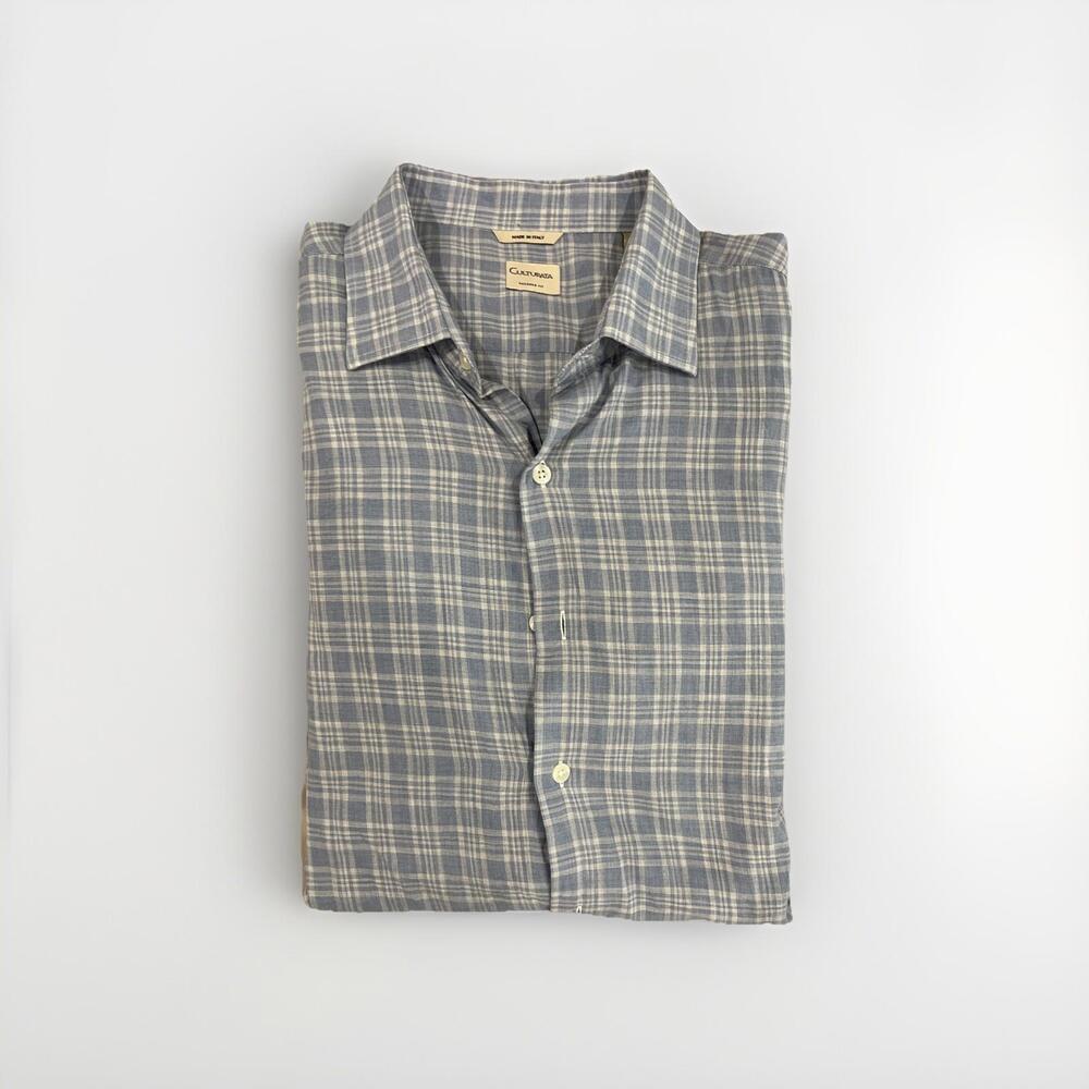 CULTURATA MENS CASUAL BUTTON SHIRT 18/46 2XL BLUE PATTERN MADE IN ITALY VGC!